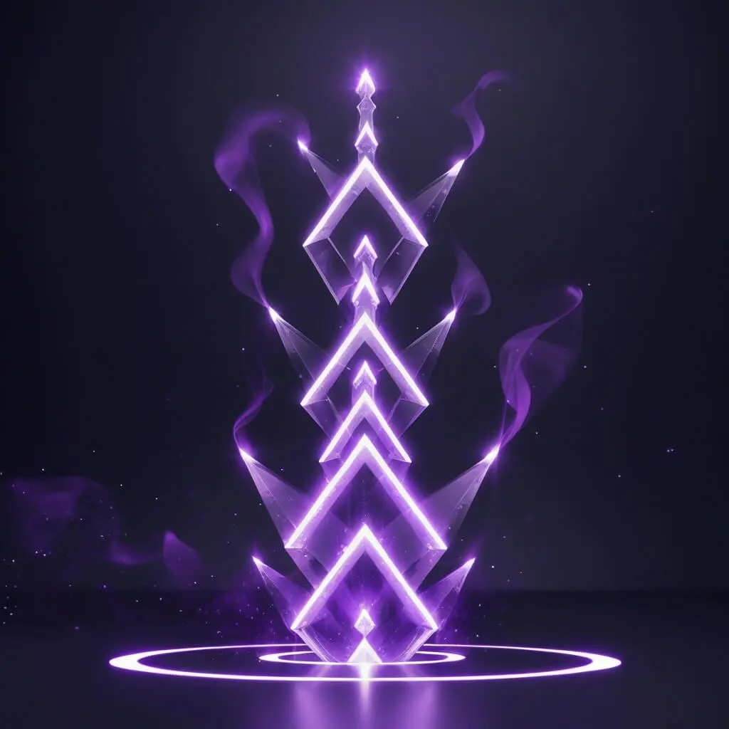 A glowing purple geometric symbol on a dark background, ascending vertically with crystal-like shapes and ethereal smoke, representing growth and achievement.